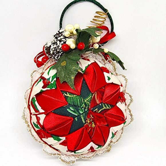Vintage Handmade Folded Cloth Red Green White Lace Christmas Holiday Ornament - Picture 8 of 8